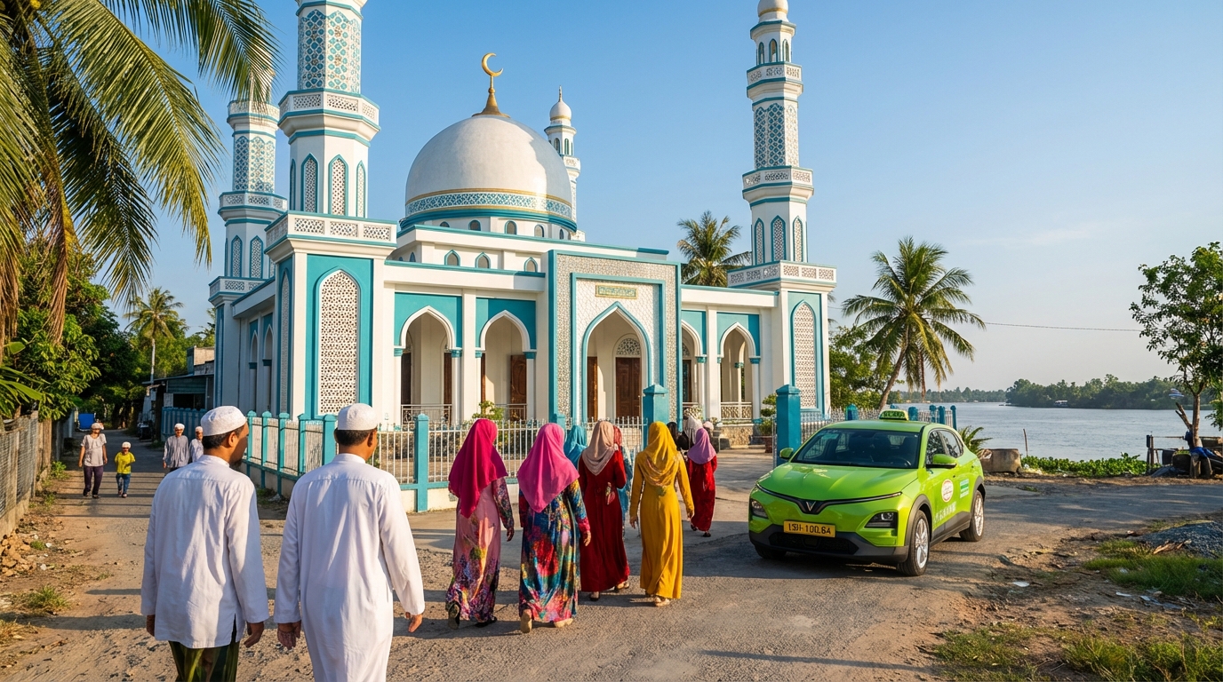 Thánh đường Hồi giáo Mubarak tại Làng Chăm Châu Giang với người dân Chăm trong trang phục truyền thống