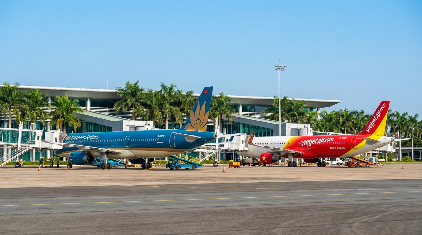 Máy bay Vietnam Airlines và Vietjet tại sân bay Cần Thơ