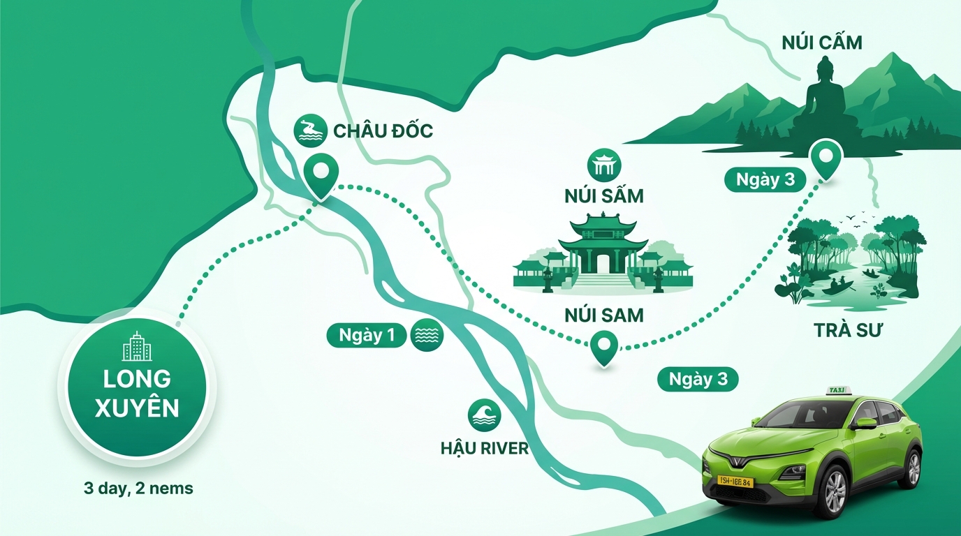 Bản đồ lịch trình 3 ngày 2 đêm khám phá An Giang từ Long Xuyên đến Châu Đốc, Núi Cấm và Trà Sư