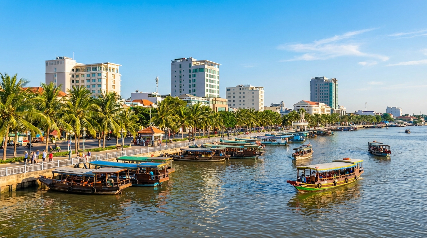 Bến Ninh Kiều Cần Thơ nhìn từ sông Hậu với thuyền và cây xanh