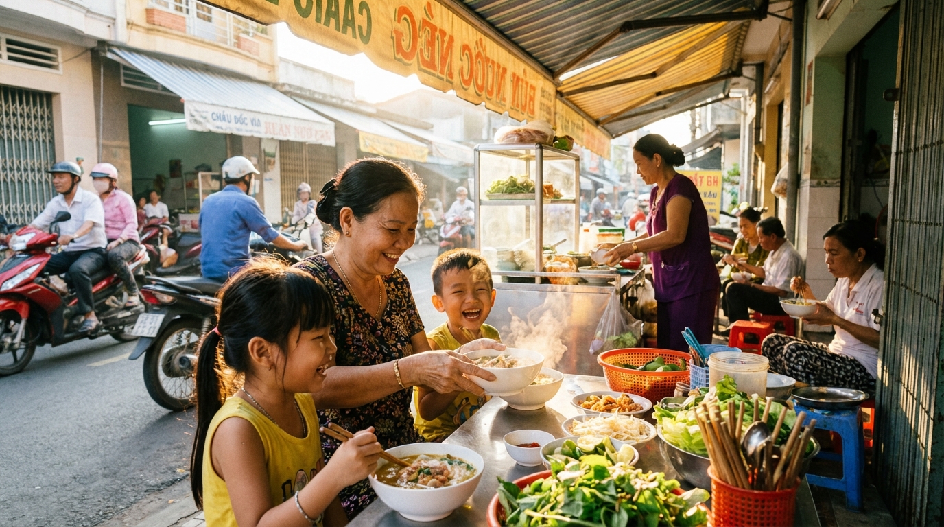 Gia đình thưởng thức bún nước lèo tại quán ăn sáng Châu Đốc