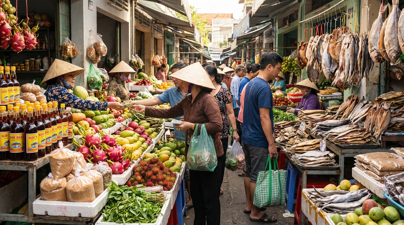 Chợ Châu Đốc nhộn nhịp với đặc sản mắm, khô cá và trái cây địa phương