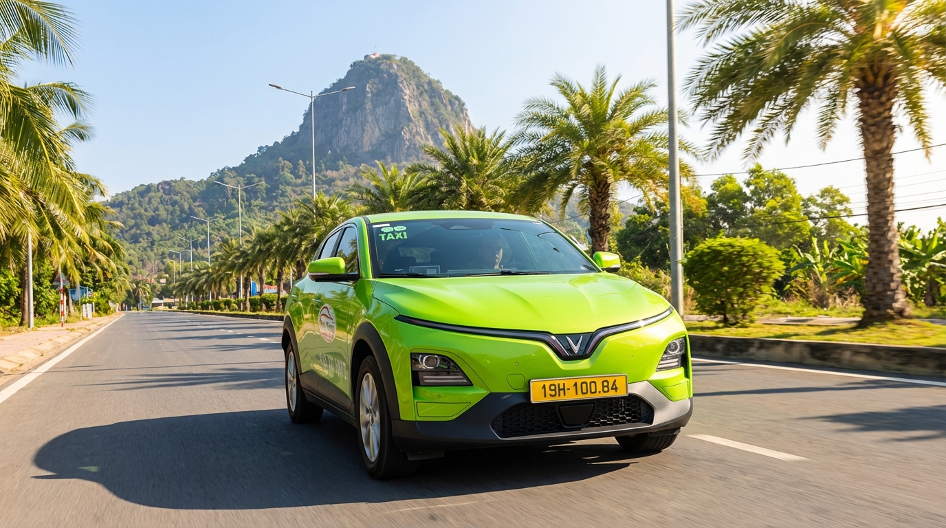 Taxi VinFast VF6 màu xanh cốm đi trên đường tới Châu Đốc với Núi Sam ở phía xa