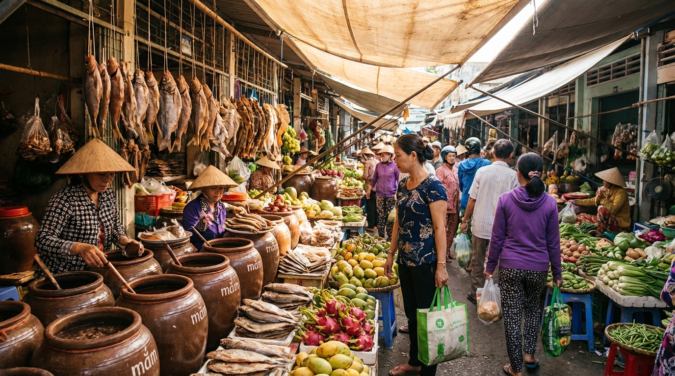 Chợ Châu Đốc nhộn nhịp với các gian hàng bán mắm, khô cá và đặc sản địa phương