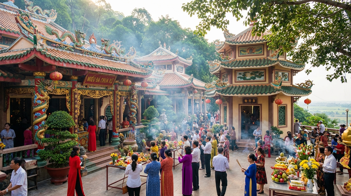 Miếu Bà Chúa Xứ trên Núi Sam với kiến trúc đền chùa Việt Nam rực rỡ