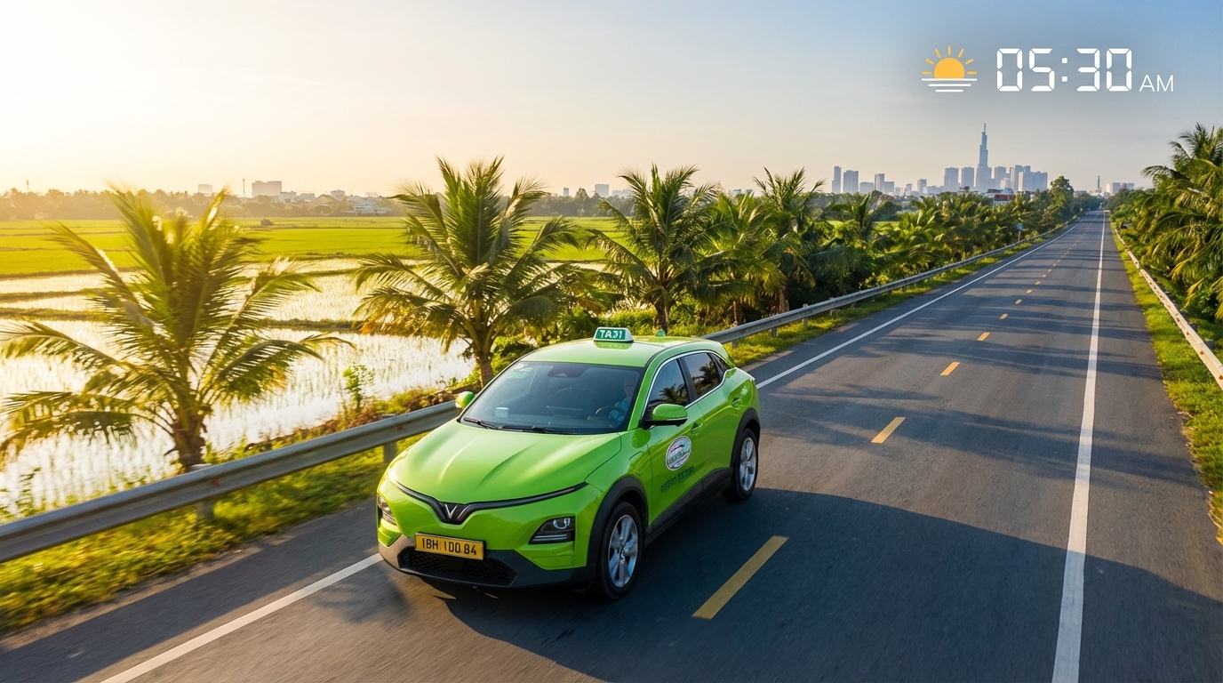 Taxi VinFast VF6 trên đường Long Xuyên đi Sài Gòn lúc bình minh