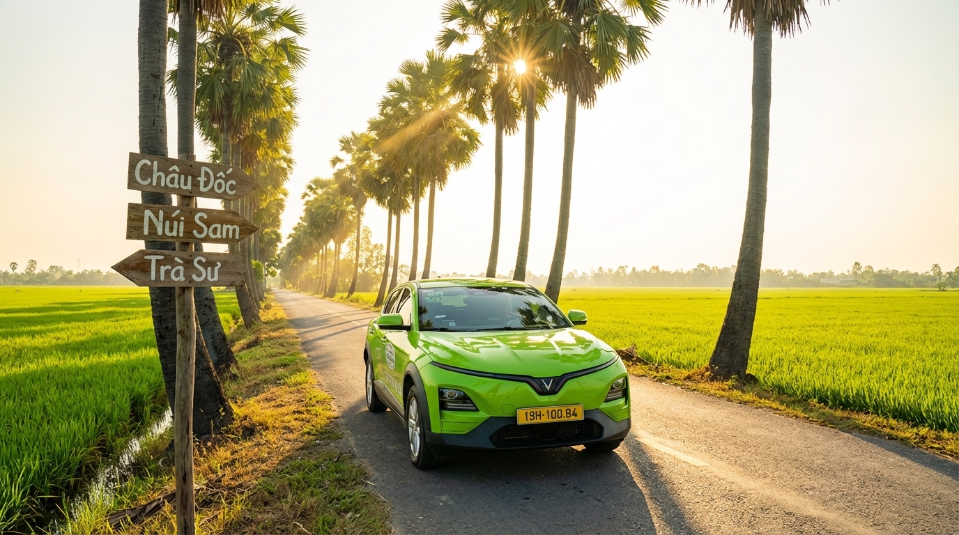 Taxi VinFast VF6 xanh cốm trên đường du lịch An Giang với cánh đồng lúa và hàng cọ
