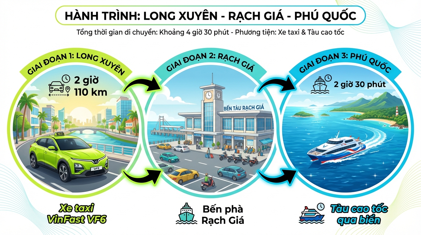 Infographic lộ trình từ Long Xuyên đến Phú Quốc: Taxi - Bến tàu - Tàu cao tốc