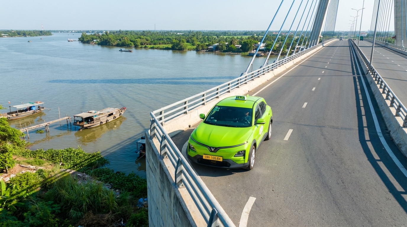 Taxi VinFast VF6 trên đường từ Long Xuyên đi Cần Thơ qua cầu sông Hậu