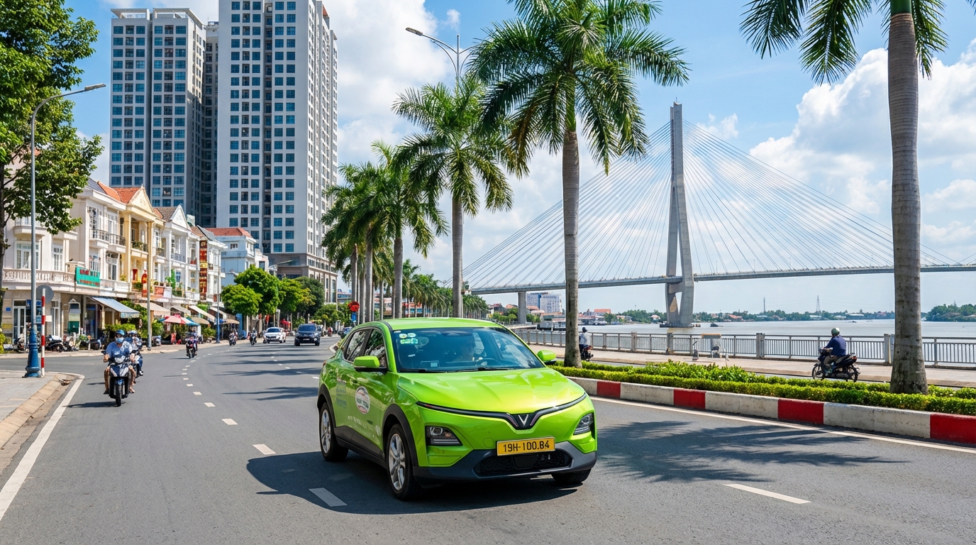 Taxi đi qua thành phố Cần Thơ với cầu Cần Thơ phía xa