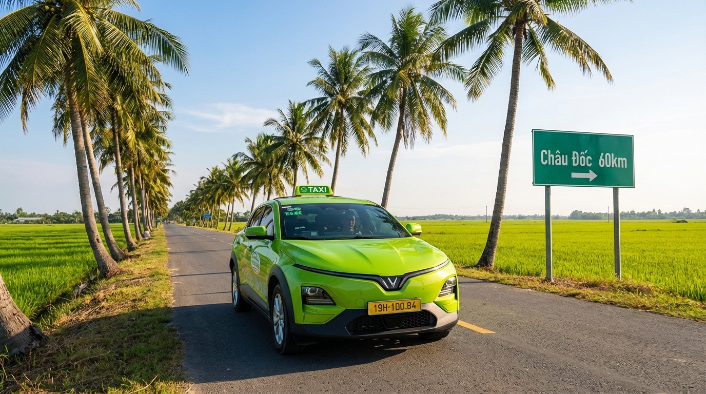 Taxi VinFast VF6 màu xanh cốm chạy trên đường cao tốc từ Long Xuyên đến Châu Đốc qua cánh đồng lúa miền Tây