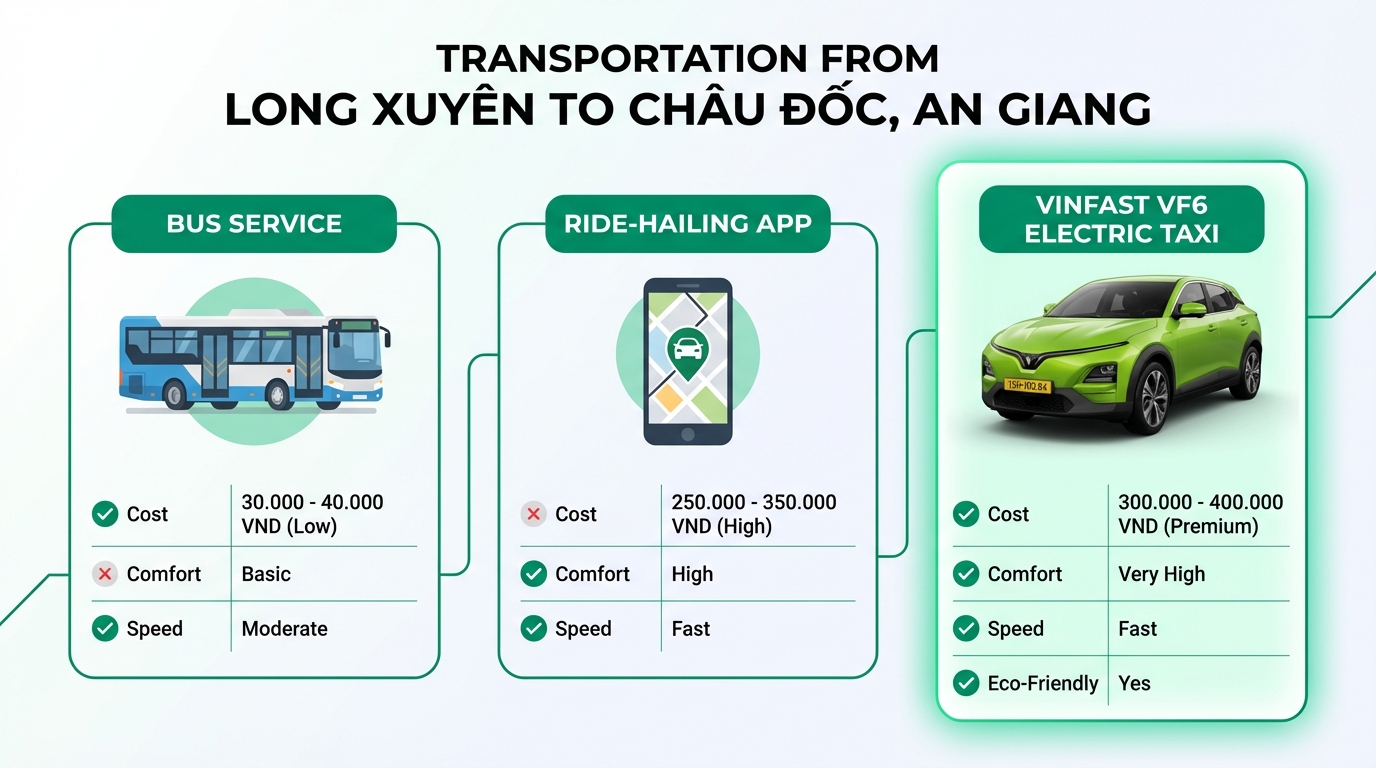 So sánh các phương tiện di chuyển từ Long Xuyên đi Châu Đốc