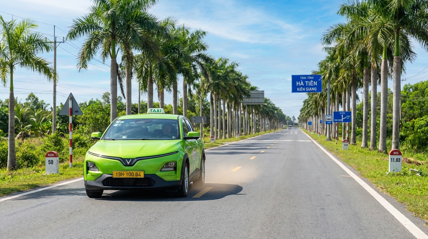 Taxi VinFast VF6 màu xanh cốm trên đường Quốc Lộ 80 đi Hà Tiên