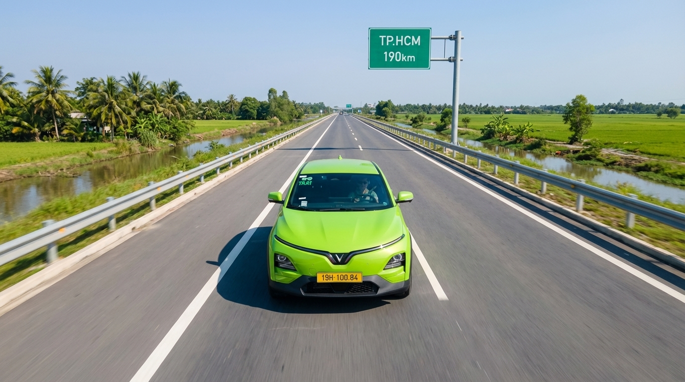 Taxi VinFast VF6 xanh cốm chạy trên cao tốc hướng Sài Gòn