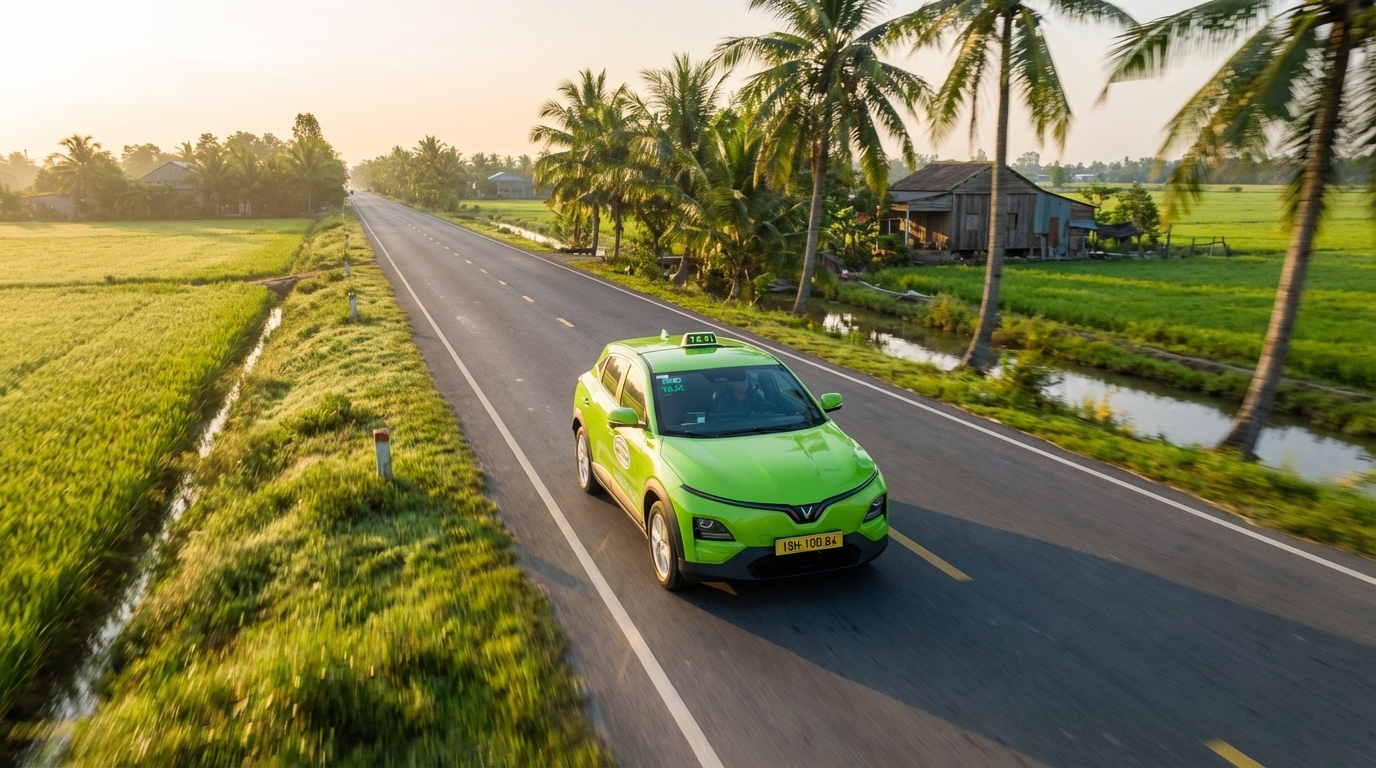 Taxi VinFast VF6 xanh cốm chạy trên đường dài qua đồng lúa miền Tây