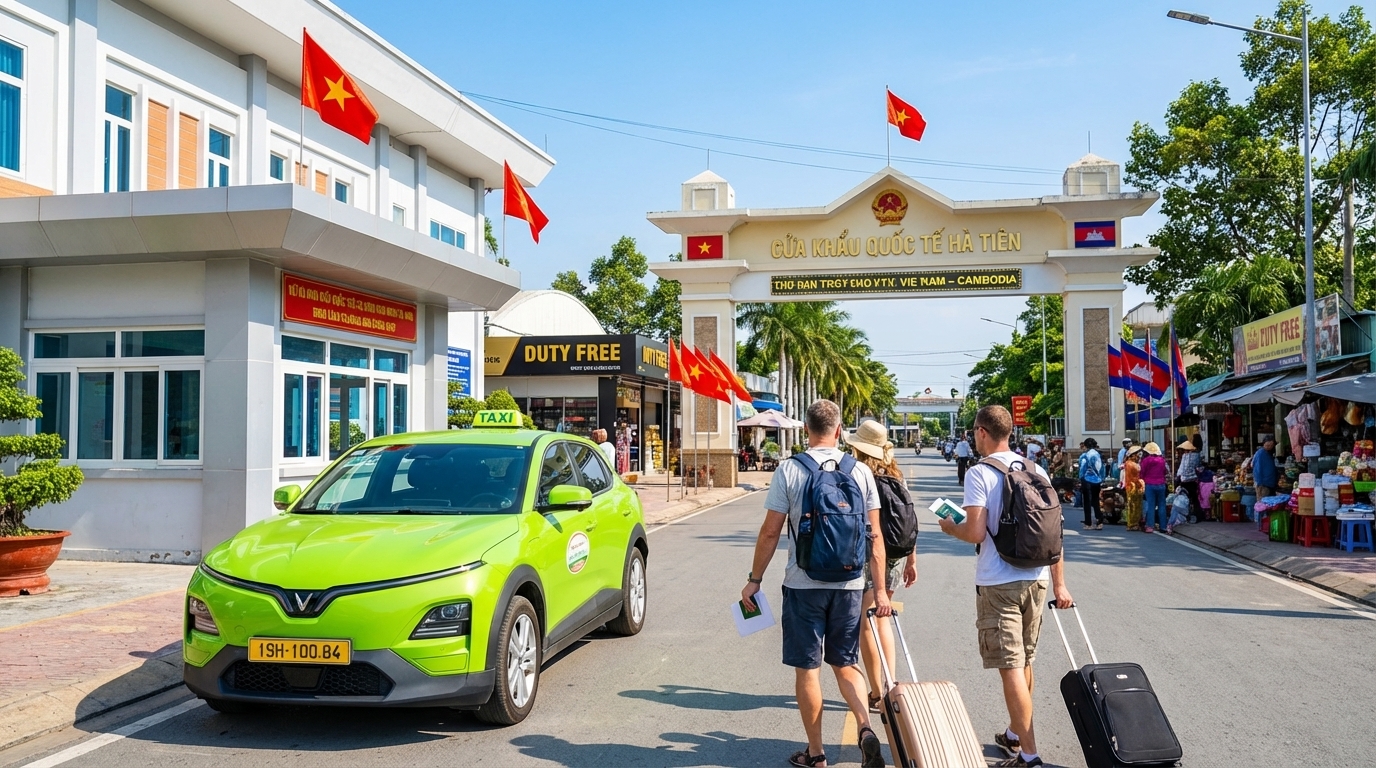 Taxi VinFast VF6 tại cửa khẩu biên giới Việt Nam Campuchia khu vực Hà Tiên