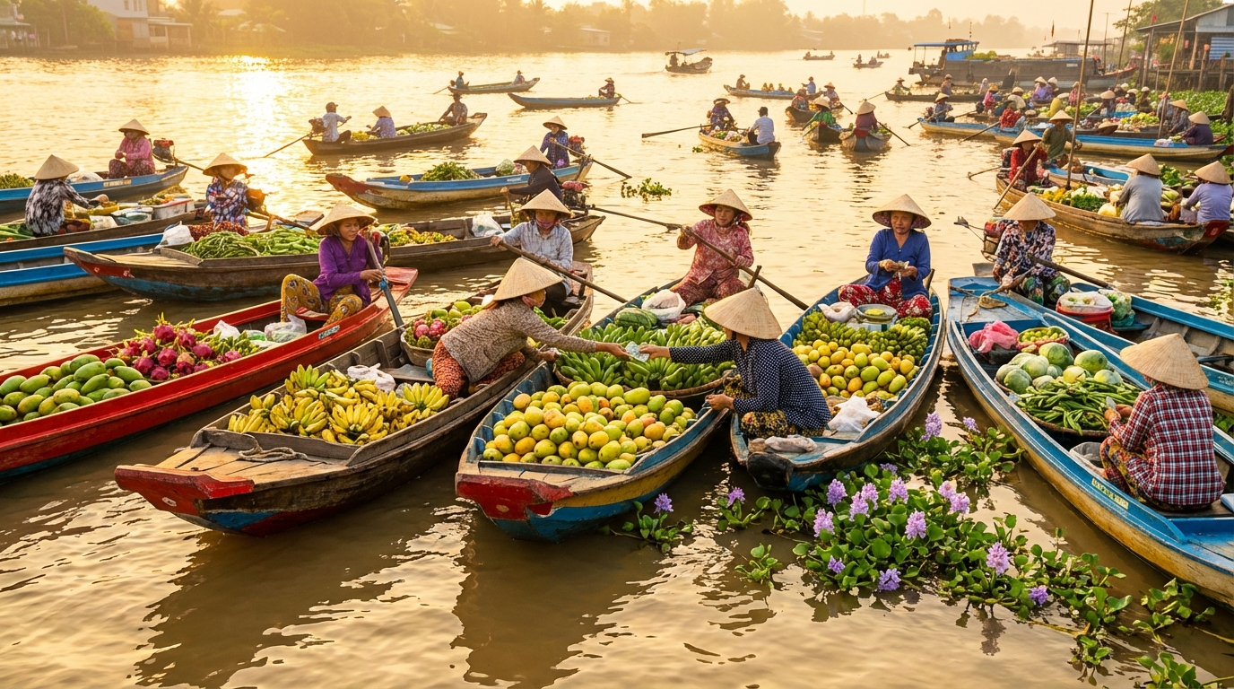 Chợ nổi mùa nước nổi An Giang với ghe thuyền đầy trái cây