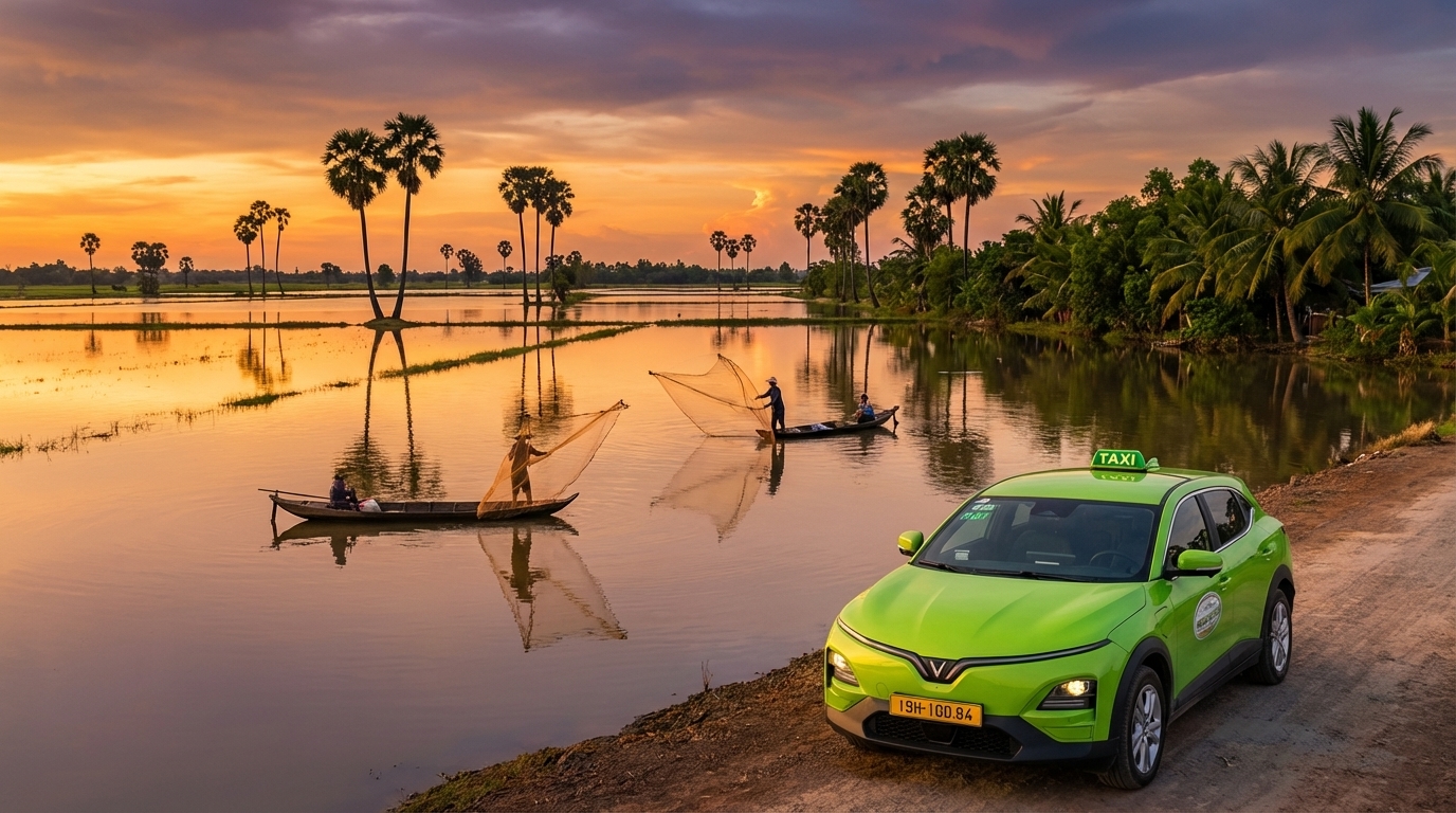 Cánh đồng ngập nước mùa nước nổi An Giang với taxi VinFast VF6 đậu trên đường cao