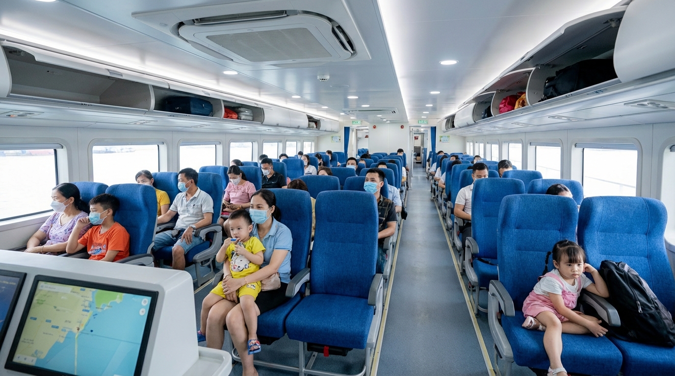 Nội thất tàu Superdong với ghế ngồi màu xanh êm ái, hành khách đang ngồi