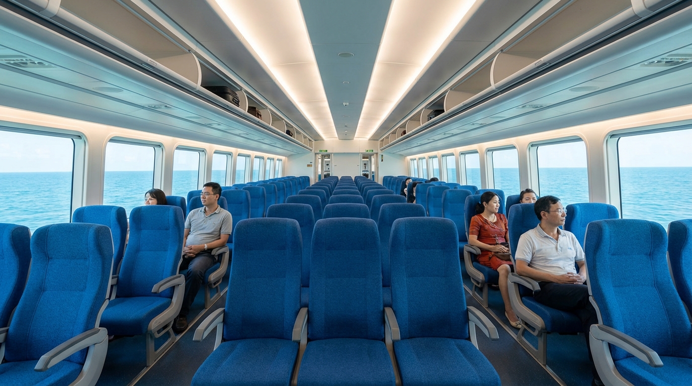 Nội thất tàu cao tốc với ghế ngồi êm ái, điều hòa, cửa sổ nhìn ra biển