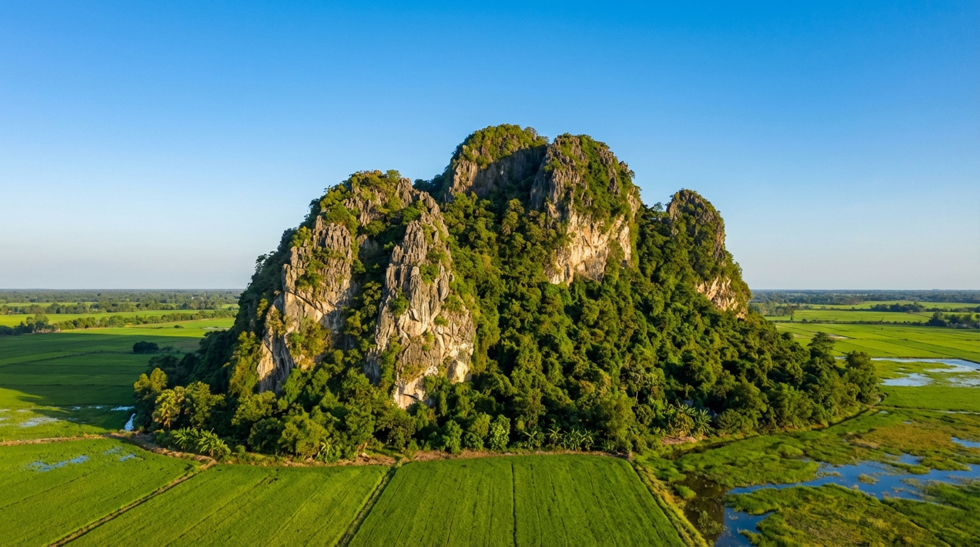 Núi Đá Dựng Hà Tiên nhìn từ xa với hình dáng đặc trưng