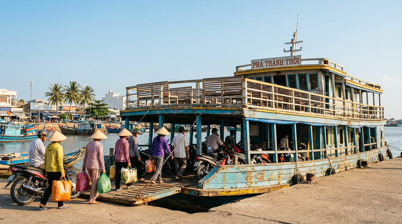 Phà Thạnh Thới truyền thống tại bến tàu Rạch Giá với hành khách đang lên phà