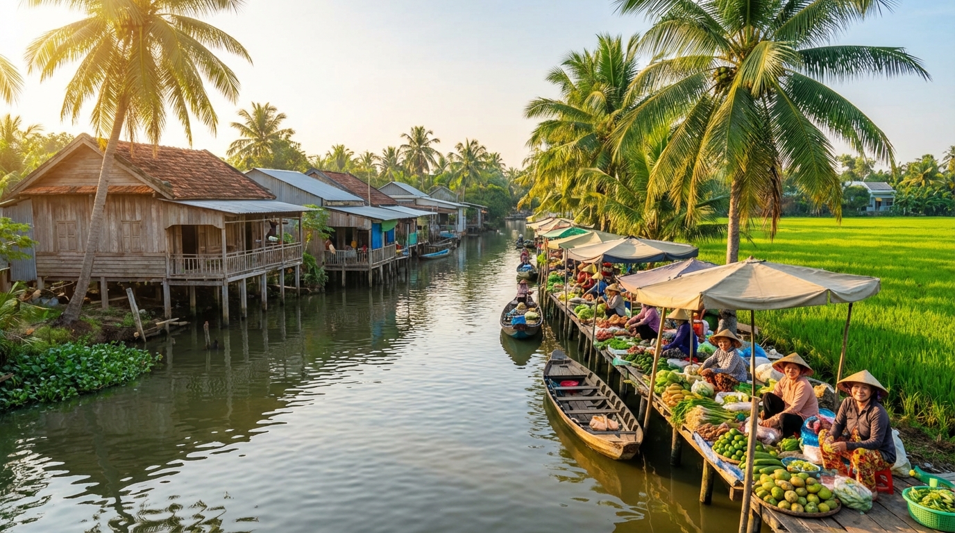 Thị trấn Phú Tân An Giang với kênh rạch, hàng dừa và chợ quê yên bình