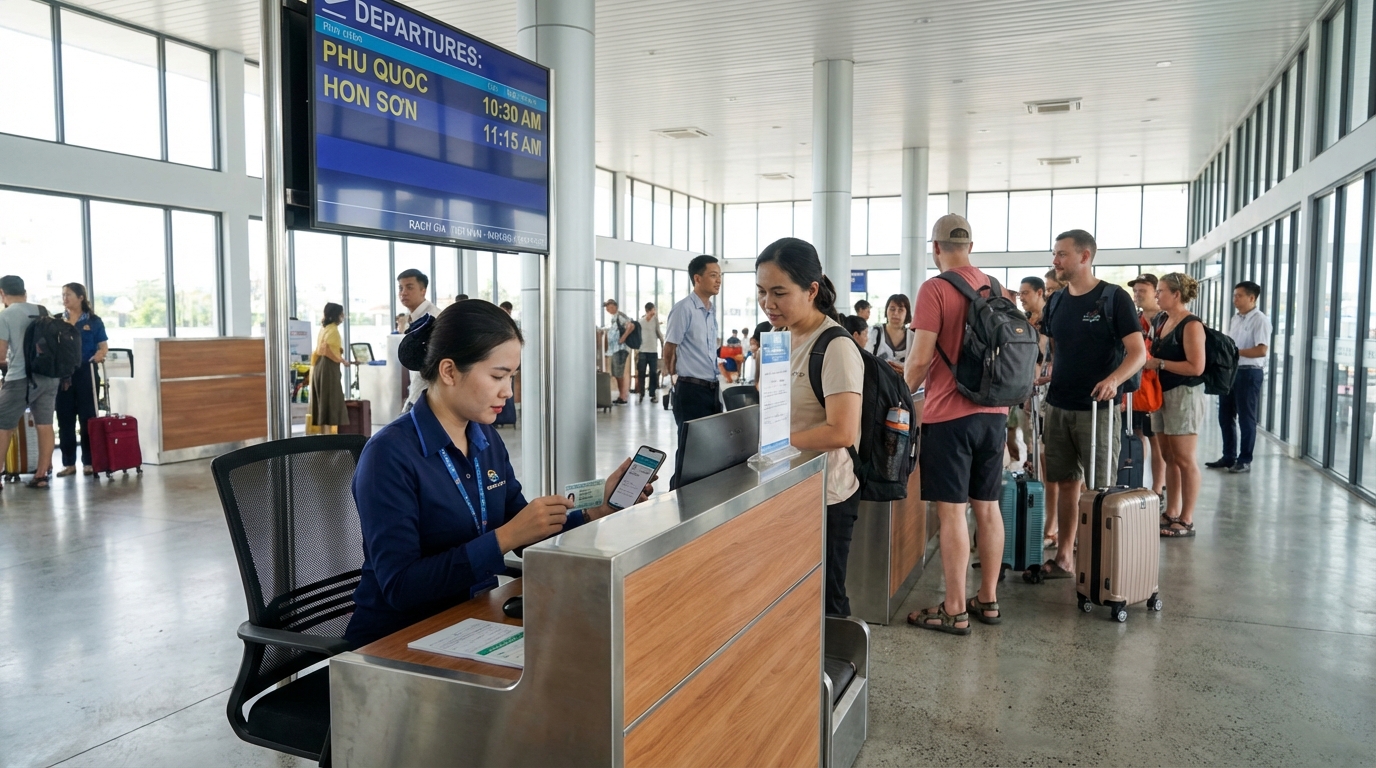 Quầy check-in tại bến tàu Rạch Giá với nhân viên đang kiểm tra giấy tờ hành khách