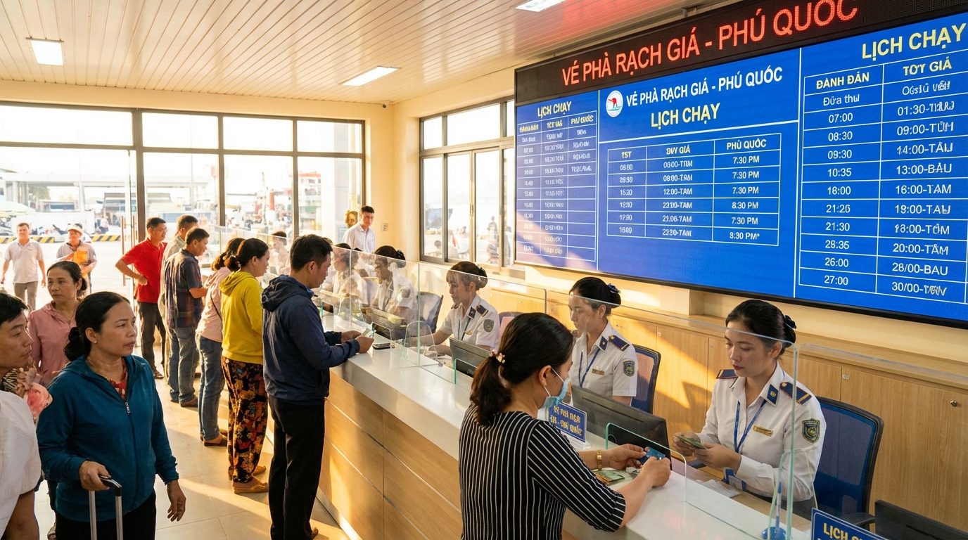 Quầy bán vé tàu tại bến Rạch Giá với nhân viên phục vụ khách hàng