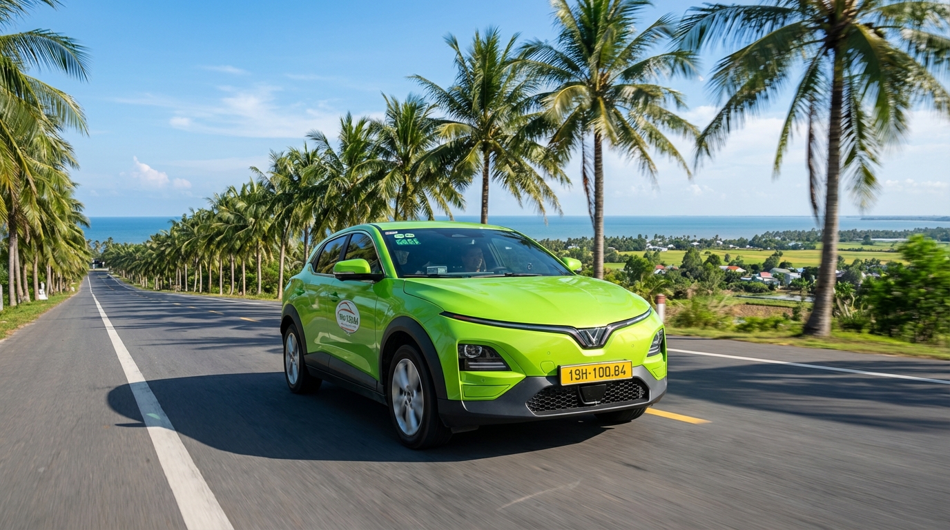 Taxi VinFast VF6 xanh cốm đang đi trên Quốc lộ 80 từ Rạch Giá đến Hà Tiên