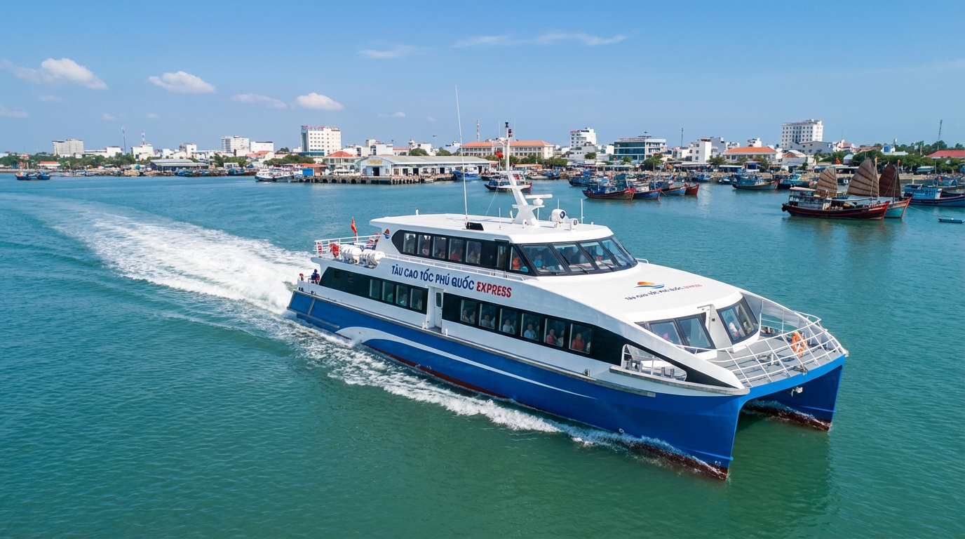 Tàu cao tốc rời cảng Rạch Giá đi Phú Quốc trên vùng biển xanh