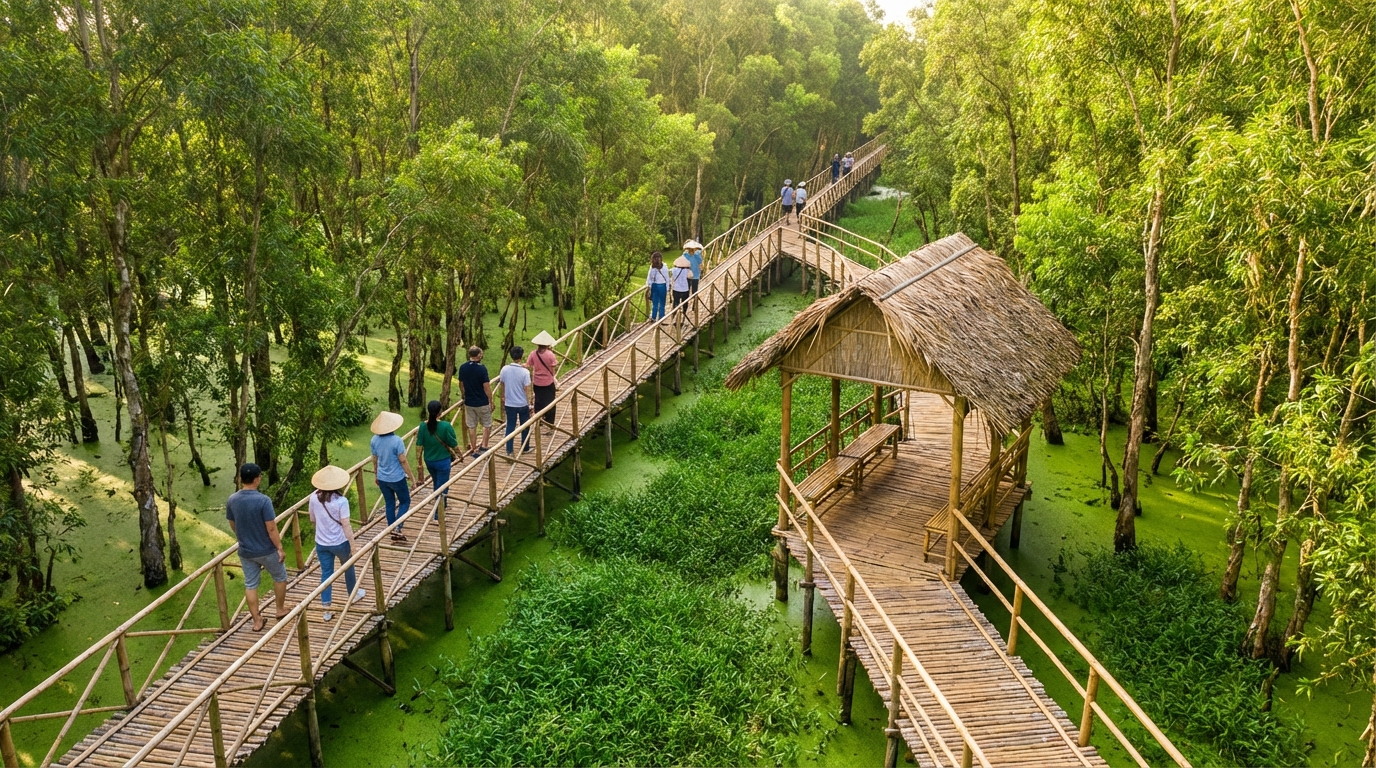 Cầu tre vạn bước dài 10km xuyên qua rừng tràm Trà Sư