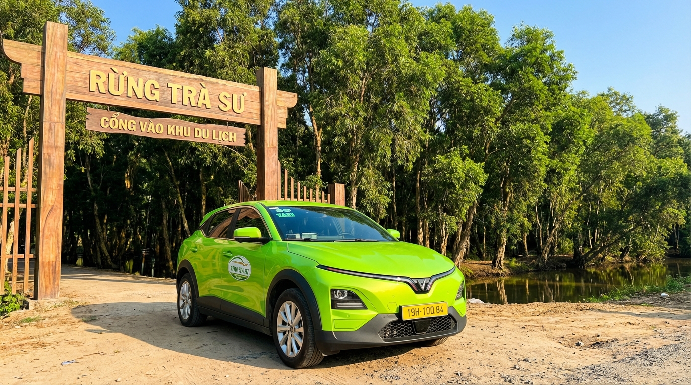 Taxi VinFast VF6 xanh cốm đậu trước cổng Rừng Tràm Trà Sư An Giang