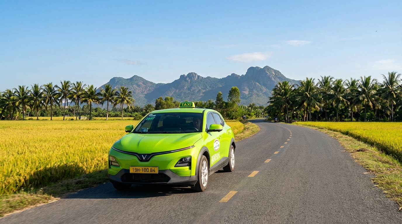 Taxi VinFast VF6 trên đường đi Rừng Tràm Trà Sư qua cánh đồng An Giang