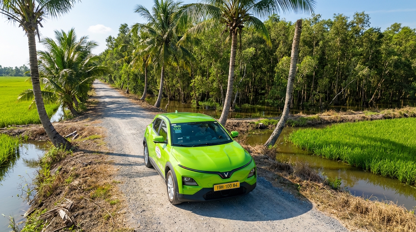 Taxi VinFast VF6 màu xanh cốm đi trên đường nông thôn hướng về Rừng Tràm Trà Sư