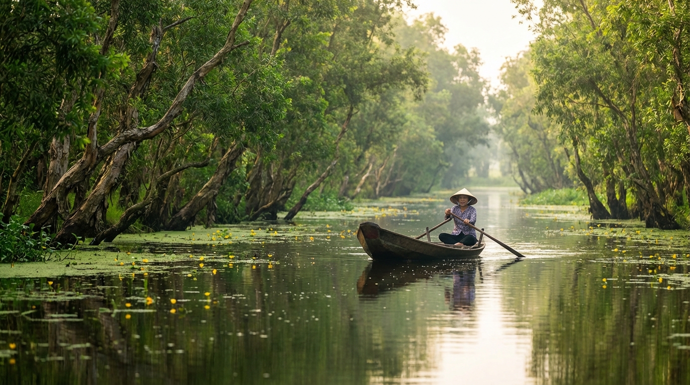 Xuồng ba lá len lỏi qua rừng tràm xanh mướt với hoa điên điển vàng