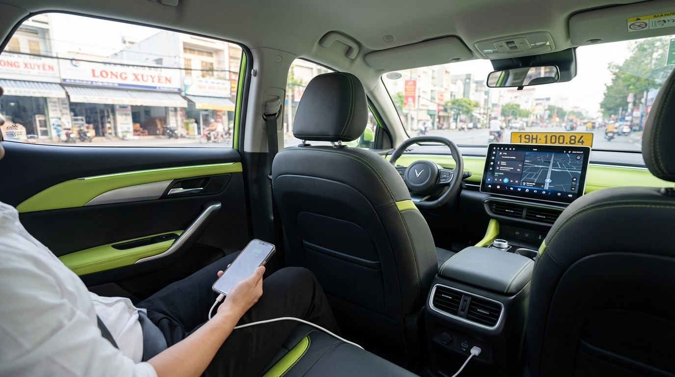 Hành khách sạc điện thoại trên taxi VinFast VF6 qua cổng USB