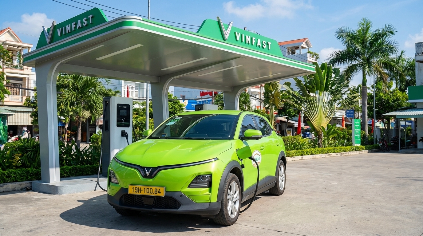 Trạm sạc xe điện VinFast tại An Giang với taxi VinFast VF6 đang sạc