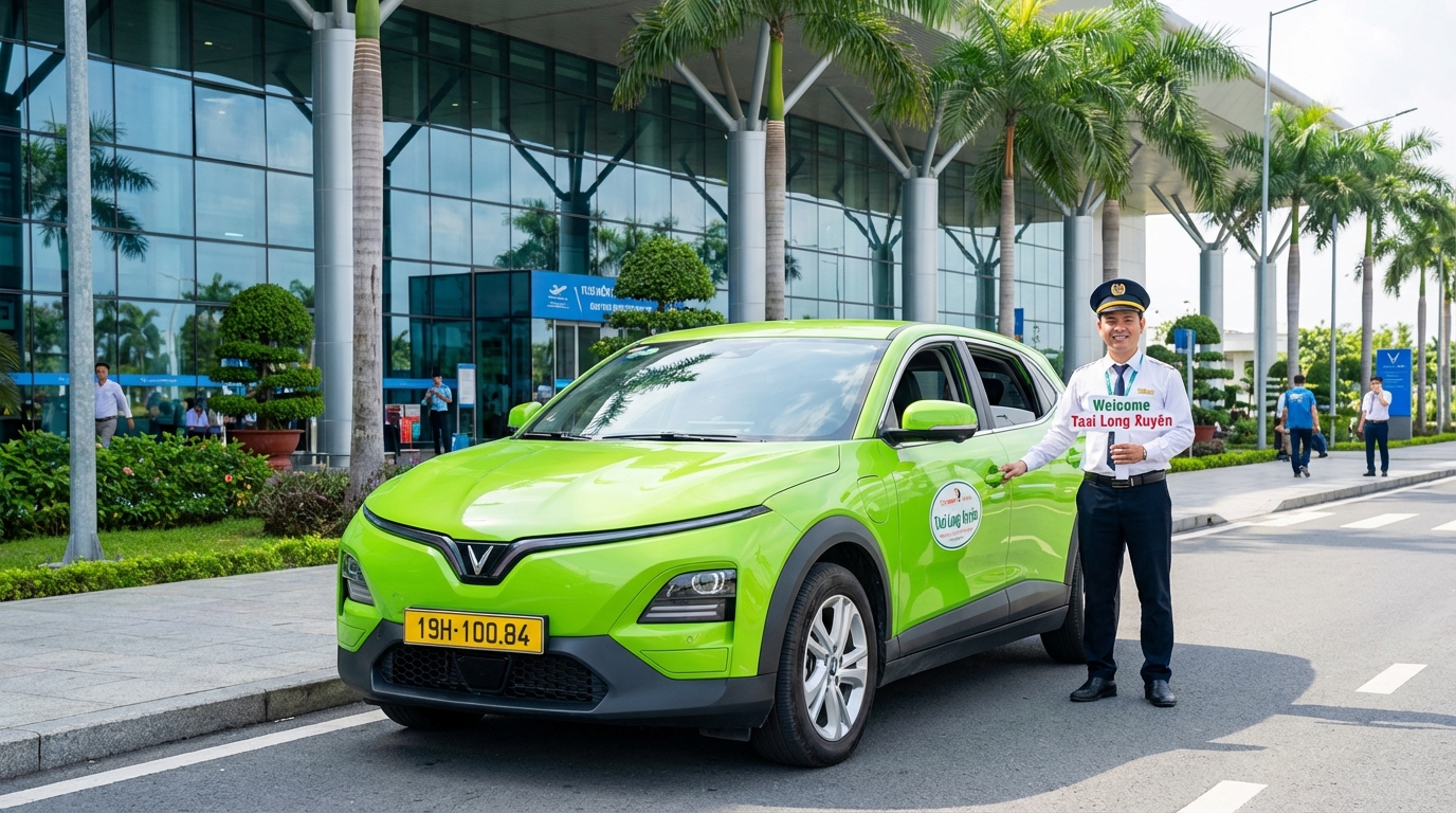 Taxi VinFast VF6 đón khách tại sân bay Cần Thơ về Long Xuyên