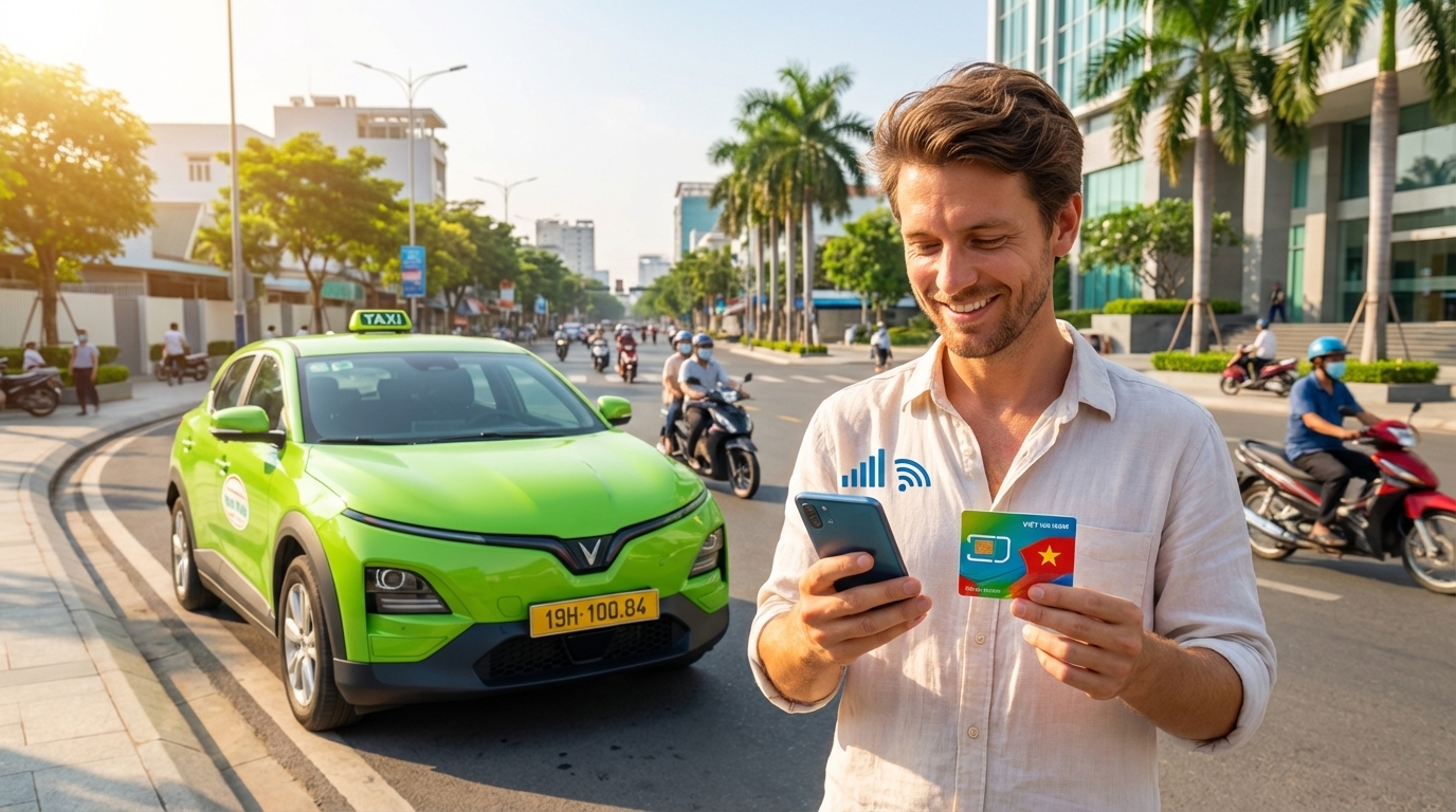 Du khách nước ngoài sử dụng điện thoại với SIM Việt Nam tại An Giang