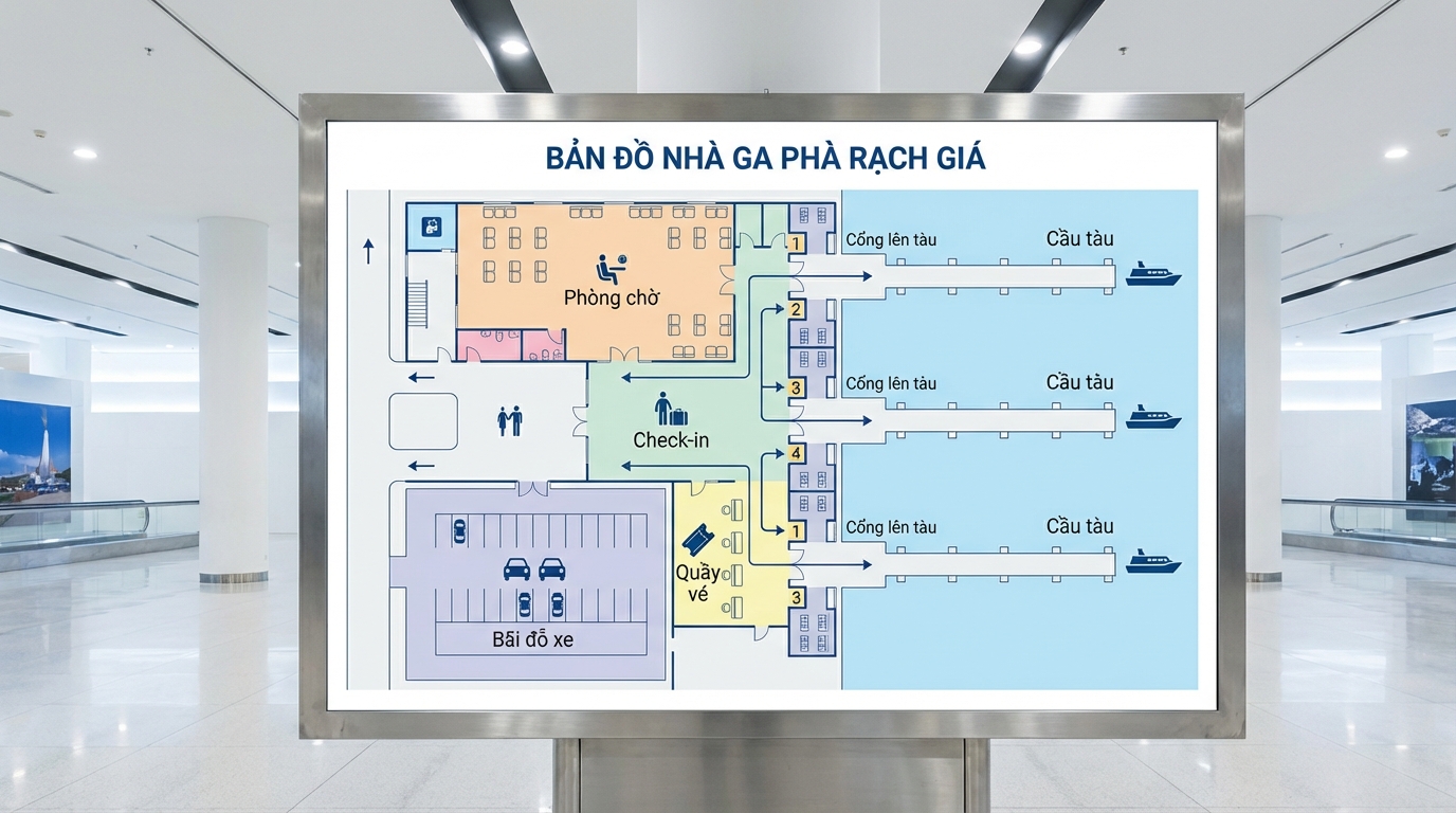 Sơ đồ layout bến tàu Rạch Giá với các khu vực chính