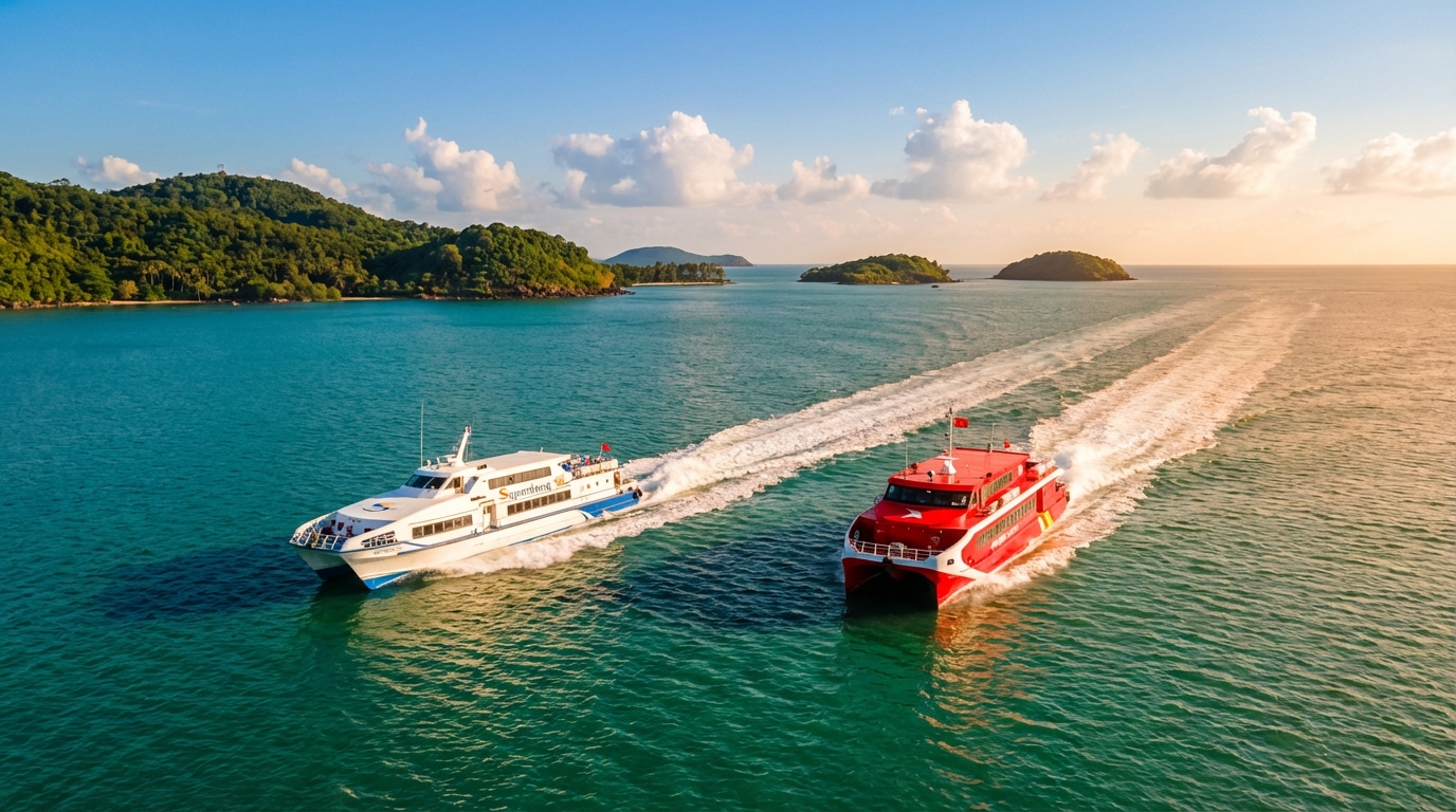 Hai tàu cao tốc Superdong và Phú Quốc Express chạy song song trên biển xanh
