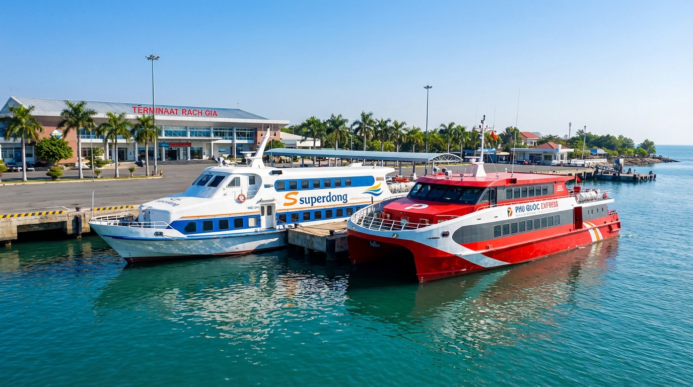 Hai tàu cao tốc Superdong và Phú Quốc Express cạnh nhau tại bến tàu Rạch Giá