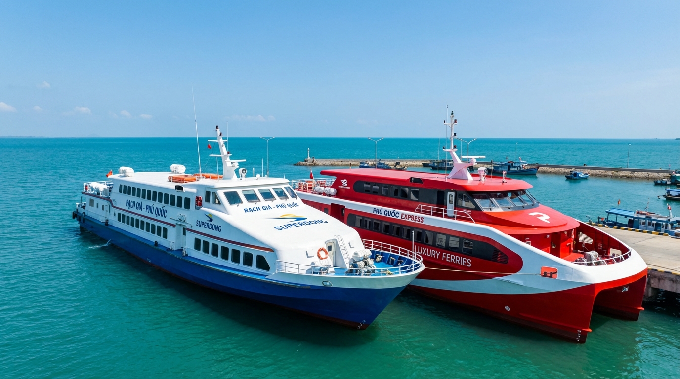 So sánh tàu Superdong màu trắng-xanh và Phú Quốc Express màu đỏ-trắng tại bến Rạch Giá