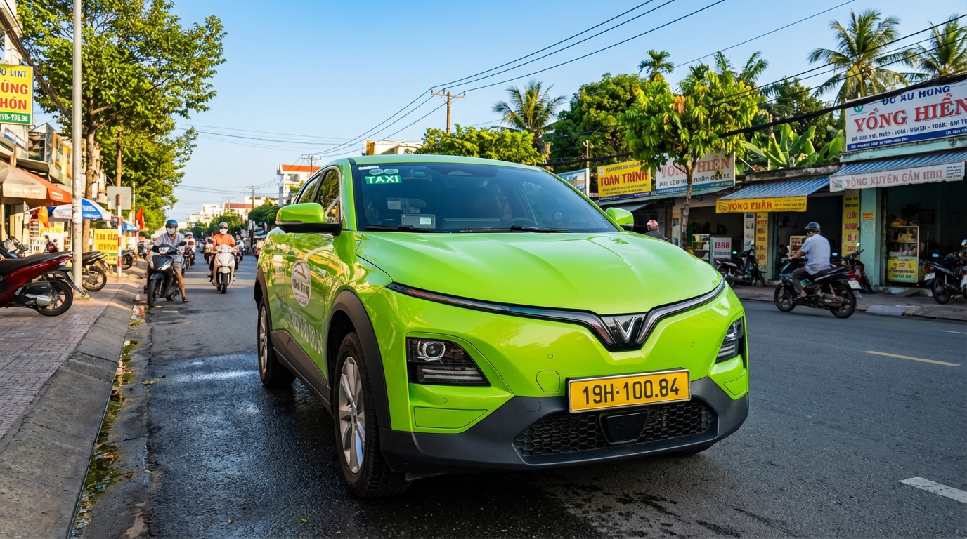 Taxi VinFast VF6 màu xanh cốm trên đường phố Long Xuyên thể hiện dịch vụ chất lượng