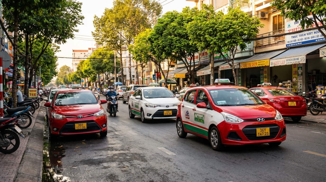 Taxi truyền thống màu đỏ trắng trên đường phố Long Xuyên