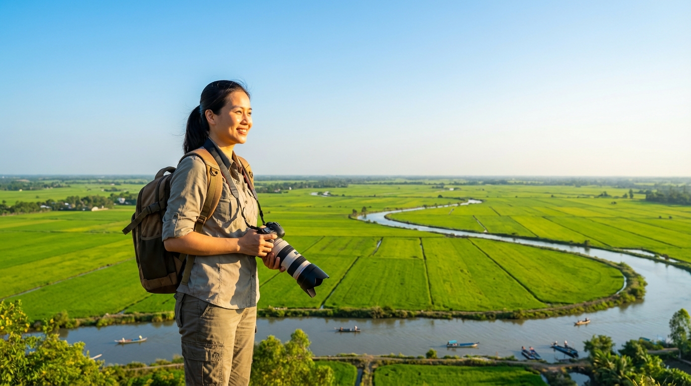 Du khách solo travel ngắm cảnh đẹp An Giang