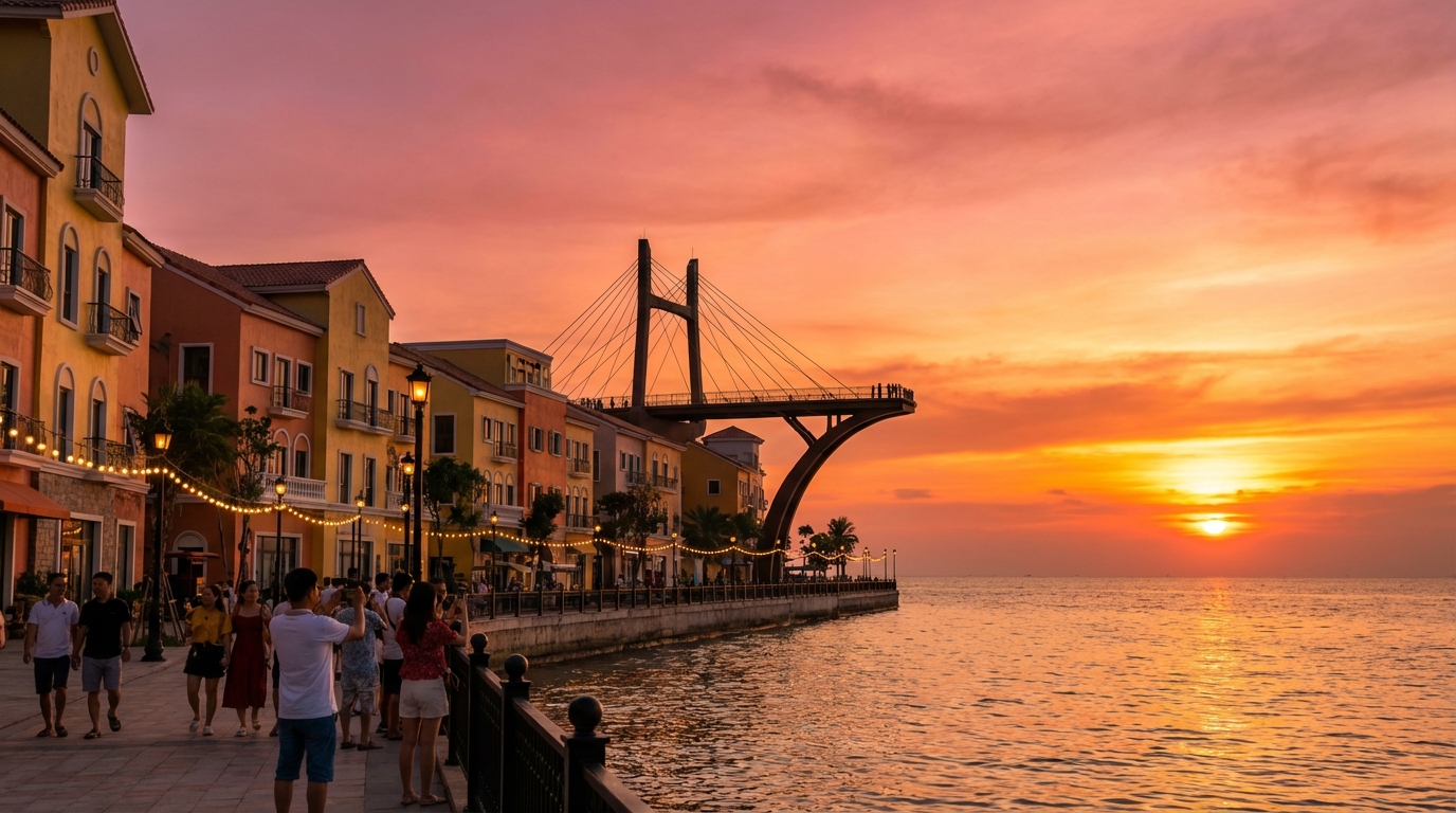Hoàng hôn tuyệt đẹp tại Sunset Town Phú Quốc với Cầu Hôn và kiến trúc Địa Trung Hải