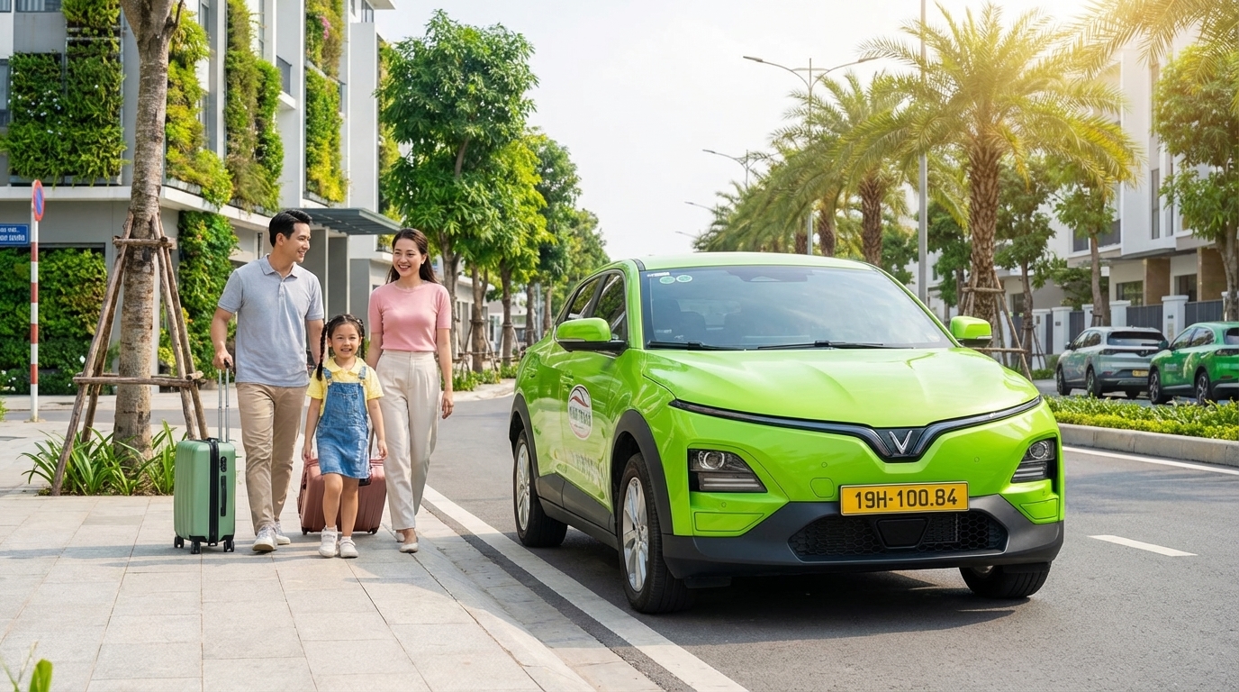Taxi điện VinFast VF6 màu xanh cốm trên đường phố Long Xuyên