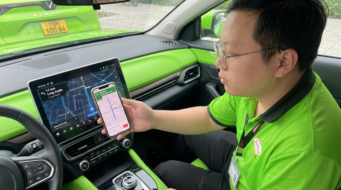 Tài xế đang xem GPS và điều hướng thông minh